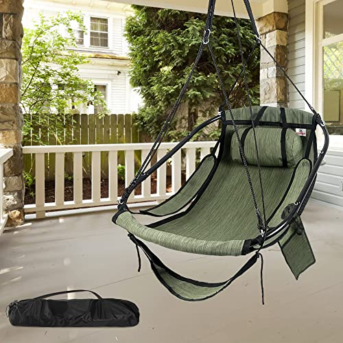 Bathonly Sièges Suspendu avec Repose-Pieds, Sky Chaise Hamac avec Barre dn Métal, Chaise Suspendue d'extérieur avec Pochette Latérale, Oreiller de Soutien, Capacité 150 Kg, Vert
