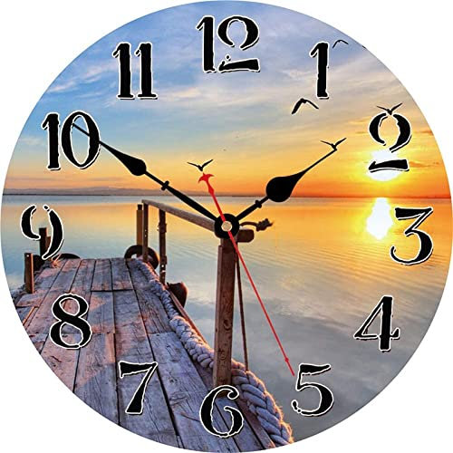 VIKMARI stille wanduhr Non Ticking, Quarz Excellent Accurate Sweep-Bewegung Holz wanduhr 14 inch Sonnenuntergang durch das Meer