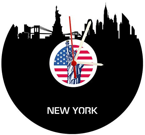 bigcopy e.K. Wanduhr New York Skyline,mit Freiheitsstatur Vinyluhr/Schallplattenuhr mit lautlosem Quarzwerk