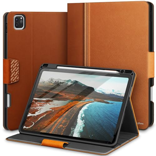KingBlanc Hülle für iPad Pro 12,9 Zoll 6. Generation 2022 5./4./3. Generation (2021/2020/2018) mit Stifthalter, Auto Wachen/Schlafen, Pencil 2 kabelloses Aufladen, Veganes Leder Smart Cover, Braun