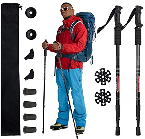 Aihoye Trekkingstöcke, stoßdämpfend, verstellbar, zum Wandern oder Wandern, zusammenklappbar, stark, 2 Stück, leicht, Wanderstöcke, Zubehör für alle Gelände und Tragetasche (schwarz)
