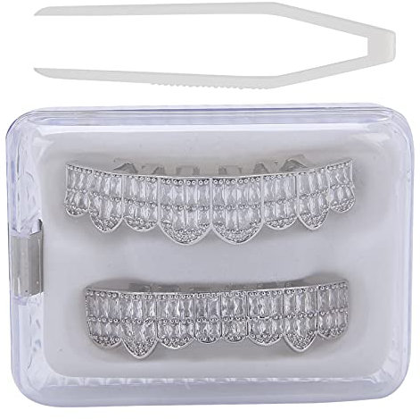 Zahnspange, Hip Hop Teeth Grill Set Diamond Braces, Kaltbeschichtetes Kupfer Zähne Set Bling Zähne Dekoration für Party Halloween Festival(Silver)