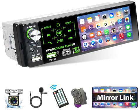 Podofo RDS Autoradio 1 Din avec Écran Tactile 4,1 Auto Stereo Radio avec Écran Bluetooth Mains Libres, AM FM, 2 Ports USB, Caméra de Recul et Microphone
