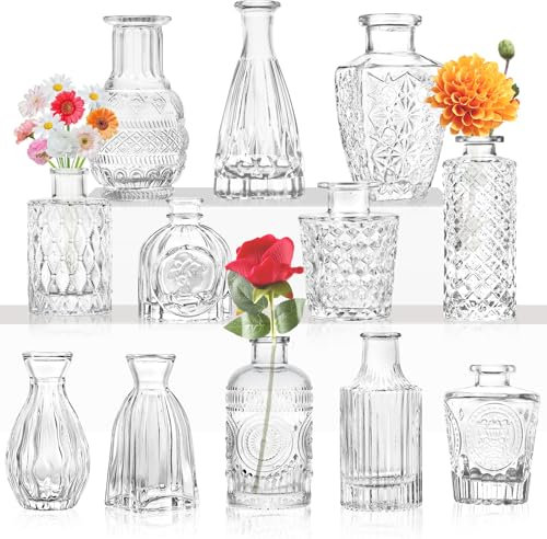 Kleine Glasvase Knospenvase Großpackung Set mit 12 Mini-Vintage-Blumenflaschen Zarte Glasblumenvase Verschiedene Größen für Blumenarrangements, dekorative Tischdekoration, Hochzeitsfeier zu Hause