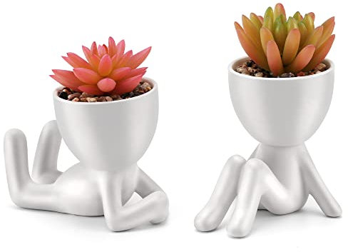 WOODWORD Fake Succulent, Mini Succulents Plants Artificial in White Modern Human Shaped Ceramic Pots Cute Pink Succulent for Office Decor for Women Girls, Desk Plant Cute Bathroom Decor 2PCS