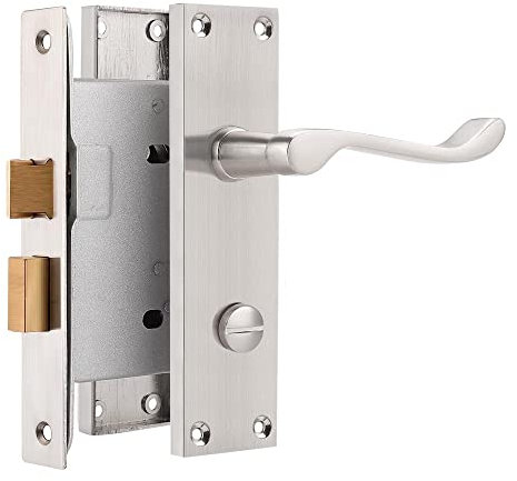 Probrico Brushed Nickel Door Handle Lock Internal, Mortice Door Latch Internal with Lock (65mm), Backplate 154mm×40mm, 1 Pack