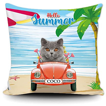 Custom Hello Summer British Shorthair Cat Driving a Car Pillow Case Blue Ocean Beach Sea Palme Throw Pillow Cover Car Sofa Home Decor Canvas 50 x 50 cm