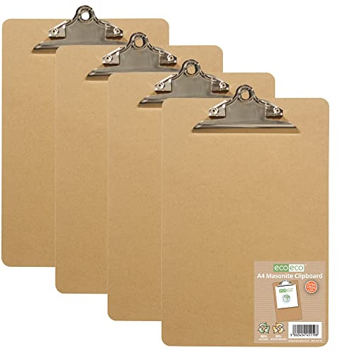 eco-eco A4 Masonite Strong Clipboard with Heavy Duty Metal Clip, Pack of 4, eco119x4