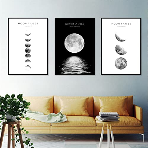 Hava Kolari Poster Set, 3er Set Wandposter Mondphase, Nordic Poster Modern Schwarz Weiß Bilder Wandbilder Poster set für Wohnzimmer, Schlafzimmer Deko (50x70 cm,A)