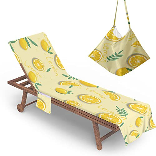 Morbuy Liegestuhl Handtuch mit Taschen, Zitrone Muster Strandliegen Handtuch Mikrofaser Strandtuch für Liegen/Handtücher für Strandliegen, Kapuze für Besseren Halt (Zitrone Frucht)