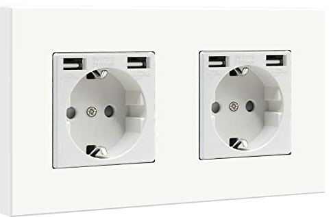 BSEED Enchufe de pared con 4 Puertos USB(Max 2.1A),Blanco Schuko Enchufe Doble con Panel de Plastico,toma de corriente con 4 x cargadores USB adecuado para Smartphone,Tablet,para Cocina, Dormitorio