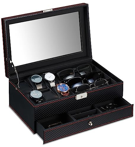 Relaxdays Schmuckaufbewahrung, Schmuckkasten mit Schublade, Brillen & Uhren, HBT: 13 x 33 x 20,5 cm, Lederoptik, schwarz