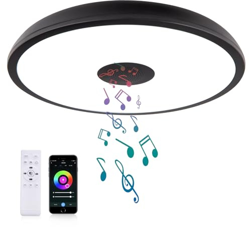 ASALL Lámpara de techo LED inteligente impermeable negra, 18 W, con altavoz Bluetooth, función de cambio de color RGB, lámpara regulable de 2700 K-6500 K, control de aplicación Tuya, compatible con