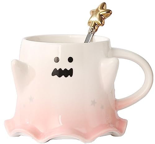 KKGUD Novelty Tea Cup, Ceramic 15.5oz Halloween Coffee Mug with Spoon- Scary Ghost (Pink)