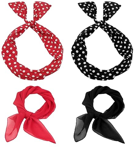 SKHAOVS 4 Stück 50's Quadratisches Kopftuch und Haarband Set,1950 Vintage Kostüm Zubehör,Klassische Farben Chiffon-Schal und Tupfen-Haarband,für den Alltag und zum Verkleiden(4 PCS)
