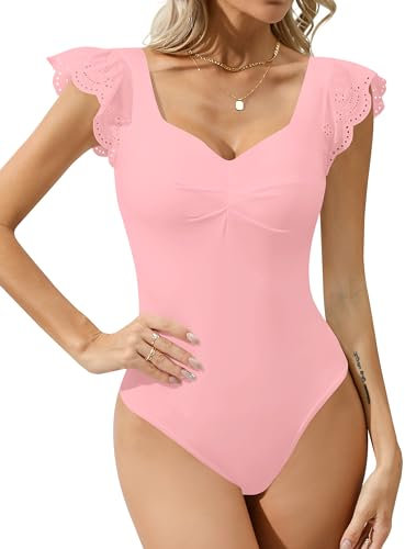 Missufe Body estivo da donna, elegante, a maniche corte, con collo quadrato, Colore: rosa., XL
