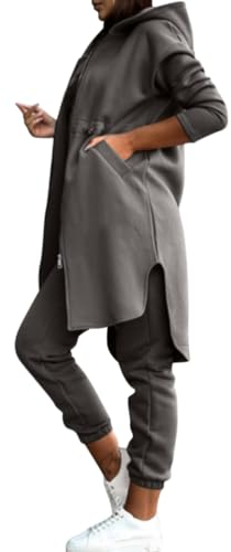 Onsoyours Jogginganzug Damen Set Trainingsanzug Zweiteiler Frauen Sport Anzug Polyester Freizeitanzug Kapuzenjacke + Sporthose Lang Tracksuit Women Hausanzug A Dunkelgrau L