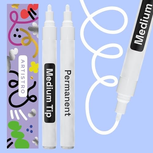 Artistro Permanent Marker Weiß - 2 Stück Acrylstifte Weiß - Wasserfest Filzstift mit 3 mm Spitze, Schnell Trocknender Glanzlackmarker für Textil, Stein, Keramik, Glas, Holz, Metall, Karton