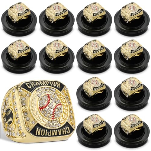 Landical 12 Stück Baseball-Meisterschaftsringe, Ballspiele, Meisterschaft, Trophäenringe, Sportball, Auszeichnungsgeschenk mit Display-Hals-Kette und Ständer für Turnier oder Champion-Sieger