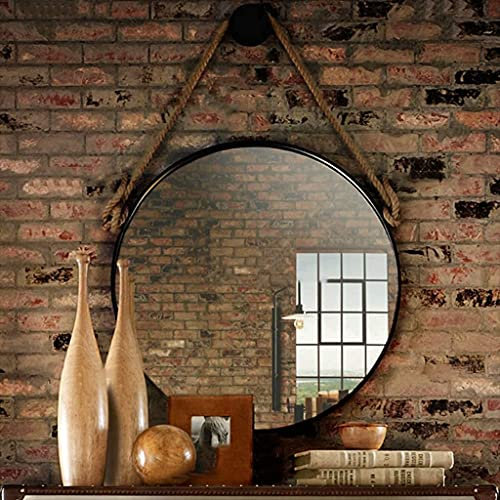 MNBVH Espejo De Pared Espejo Redondo Grande Negro con Correa Y Gancho para Colgar De Cuerda De Cáñamo, Elegante Espejo Circular para Dormitorio/Entrada/baño De Diámetro(Size:70cm)