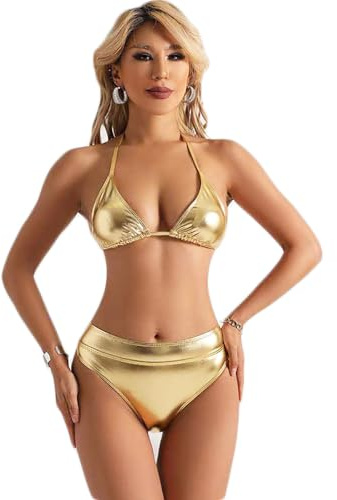 THSCWY Damen Metallic Bikini Set Zweiteiliger Badeanzug Shiny Silber Gold Badeanzug Dreieck Bikini Tops und Bottom Set