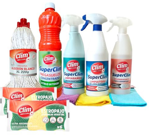 Clim Profesional Lote de Limpieza Hogar: 3 Bayetas de Microfibra Colores | 1 Fregasuelos Citrus | Pack 3 Superclim Limpia todo, Desengrasante y Limpia baños | 12 Estropajos Vegetal | 1 Fregona Algodón