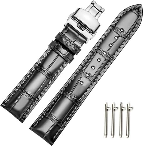 MUENShop Uhrenarmband mit faltschließe Leder Schnellverschluss Echtleder Armband für 18mm-24mm Schwarz Braun Blau Grün Kalbsleder Ersatz für Herren/Damen