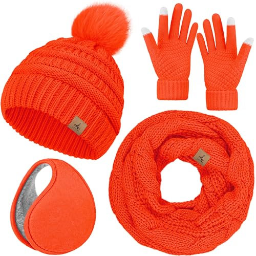 Wintermütze, Schal, Handschuhe und Ohrenwärmer, warme Strickmütze, Touchscreen-Handschuhe, Set, Wintergeschenke, Halstücher für Damen, Fluoreszierendes Orange, 13*10.23 inch