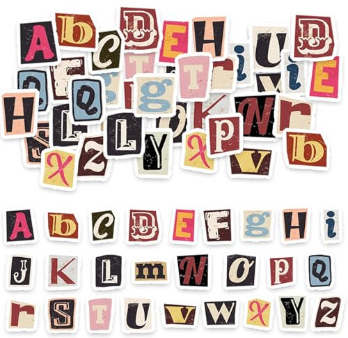 Dszemie 52 PCS Vintage Letter Stickers, Self Adhesive Vinyl Alphabet Stickers, Multicolor, Waterproof, Glass, Bottles, Label Decal