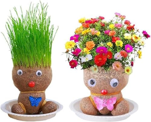 2 Grow Your Own Grass Head, Grow Your Own Kits, Grass Head Doll Plant, Grass Heads for Kids to Grow, Doll Head Planter, Growing Tray, Desktop Ornaments Decoration Or Plants Potted for Children