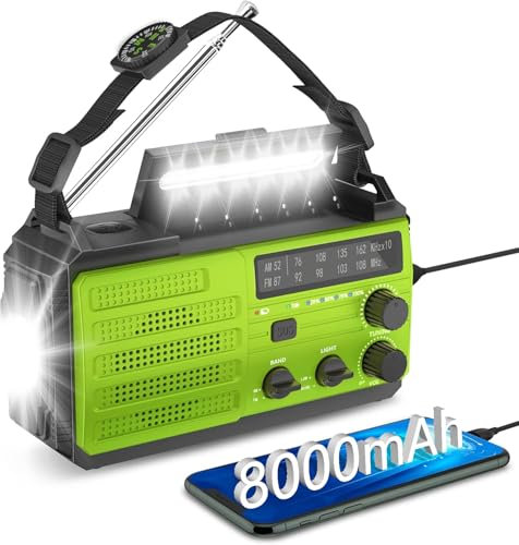 Greadio Emergency Wind up Radio,8000mAh Hand Crank Radio,Portable Solar AM/FM Radio with Super Flashlight & Reading Light,SOS Alarm,Earphone Jack,Compass,Type-C Charging for Outdoor,Camping (Green)