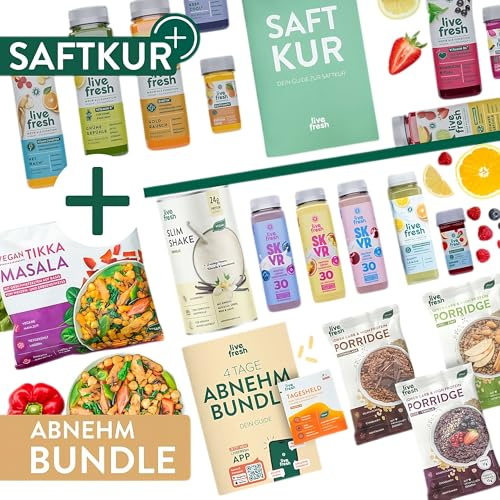 LiveFresh Saftkur 3 Tage + 4 Tage Abnehmbundle – Ernährungspaket für 7 Tage Kaloriendefizit – Tipps zum nachhaltigen Abnehmen in der LiveFresh App