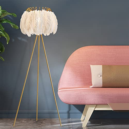 Baodiale Feather Lamp Modern Feather Floor Lamp Tripod Standing Lamp Elegant Feather Lampshade Bedside Floor Lights for Reading Bedroom Living Room Decorative Lighting Fixture