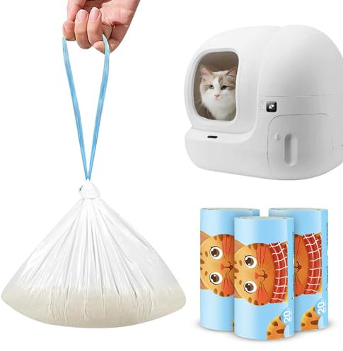 NathrBTV 60 Sac Litiere Chat 58 x 35 cm Sacs Poubelle Biodégradables pour Litières avec Cordons de Serrage Résistants à la Déchirure Etanches aux liquides