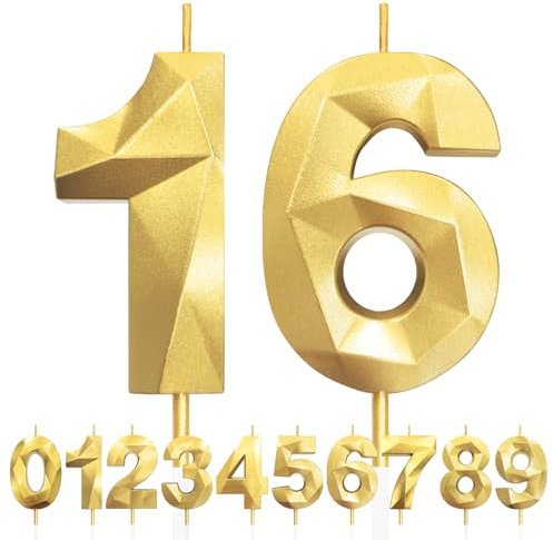 Geburtstagskerzen Zahlen 16, 5cm 3D Gold Geburtstagskerzen, Kerzen Geburtstag, Zahlenförmige Kerze, Tortendeko Geburtstag für Geburtstag Party, Hochzeiten, Jubiläen, Birthday Candle Nummer 16
