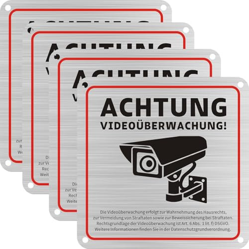Achtung Videoüberwachung Schild, 15x15cm, selbstklebend und mit 4 Bohrlöchern, ideal für Haus- und Gewerbebereich, geeignet für Überwachungskameras oder Kameraattrappen (Sliber, 4 Stück)