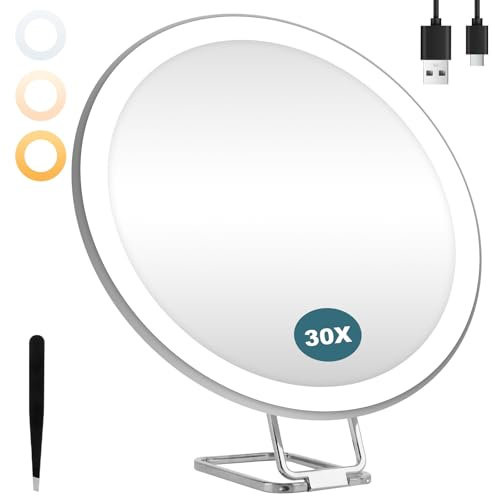 RISVOWO 30X Kosmetikspiegel mit Beleuchtung, Vergrößerungsspiegel mit Licht, Wiederaufladbarer 3 Farben, Dimmbarer Schminkspiegel mit Pinzette und Saugnäpfen, Makeup Mirror für Zuhause Reise Kosmetik