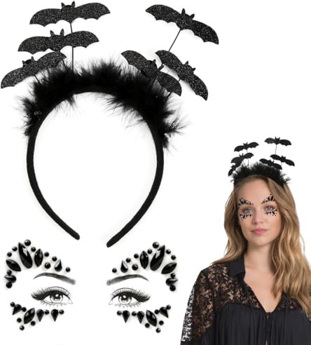 Meleager Fledermaus Haarreif und Glitzersteine Gesicht Schwarz, Fledermaus Kopfschmuck Damen, Strasssteine Gesicht, Fledermaus Kostüm Accessoires für Halloween Karneval Cosplay Musikkarneval
