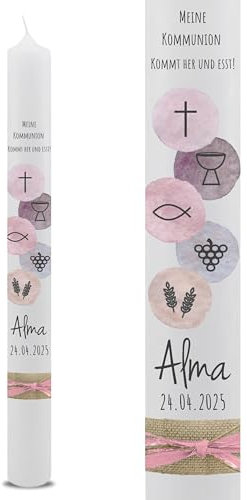 VILLA ROSA LOTTA – Personalisierbare Kommunionkerze Alma mit Wunschdaten und Rückseite | christliche Symbole | 40 cm x 4 cm | für Jungen und Mädchen | Motto 2025