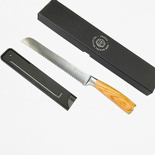 Damascus Bread Knife Japanese Ultra Sharp 8 Inch Blade 67 Layer Forged High Carbon Stainless Steel Serrated Bread Knives, with Ergonomic Olive Wood Handle Case and Gift Box
