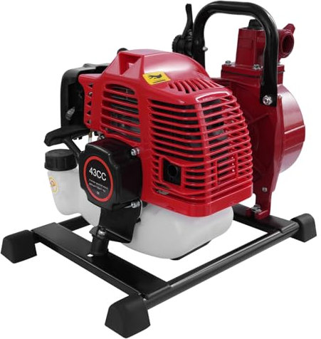 Pompe à eau à essence 43 CC - 2 temps - 1,25 kW - 1,7 HP - 8500 tr/min - Hauteur de refoulement : 30 m - Haute pression - Pour arrosage de jardin - Pompe de transfert d'eau - Pompe à eau tirée à la