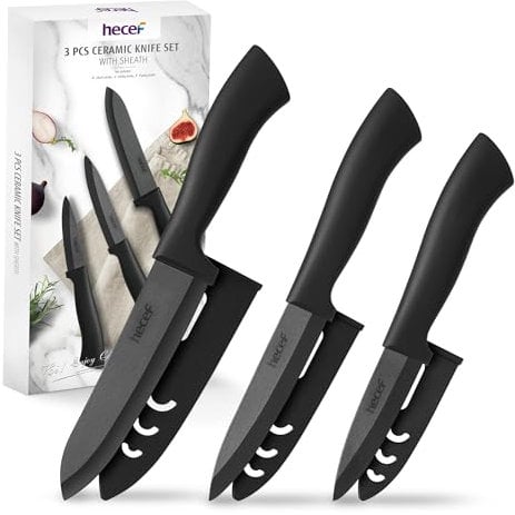 Set de 3 Couteaux de Cuisine en Céramique avec Étui – Lame Ultra Tranchante, Manche Ergonomique, Comprend Couteau Chef 15 cm, Couteau à Fruits 10 cm, Office 7.5 cm, Noir