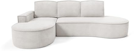 DomoHome Ecksofa Molly Mit Schlaffunktion – Halbrundes Design Freistehend Liegefläche 140x207cm, 3 Große Rückenkissen Abriamo Möbelstoff 277x157x88cm,Linke Seite Weiß