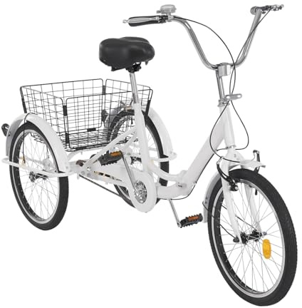 SYNCMH 20 Zoll Dreirad für Erwachsene Klappbar, Gabelfederung, 3 Räder Adult Fahrrad, Erwachsenendreirad mit Licht Korb, Dreiräder für Fahrten, Picknicks, Einkäufe, Weiß