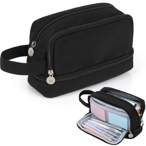 Alyvisun Large Pencil Case, Black Pencil Case with 3 Compartments for Boys Girls, Portable Stationary Organizer Bag Pencil Pouch with Handle for School or Office Supplies