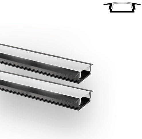 INNOVATE E-12 SLIM LED Einbauprofil 2m Schwarz 2 Stk. 17mm Diffusor Milchig | LED Einbauprofil Aluminium für LED Streifen 2m 12mm I Kühlkörper Indirekte Beleuchtung Wohnzimmer I Alu Einbauprofil Möbel