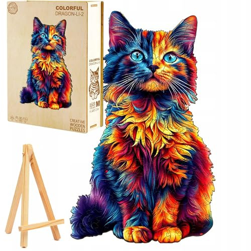 PASJO Kreatives Holzpuzzle Bunte Katze 195 Teile Mini-Staffelei Puzzle für Erwachsene Fördert Kreativität und Entspannung Katzenliebhaber