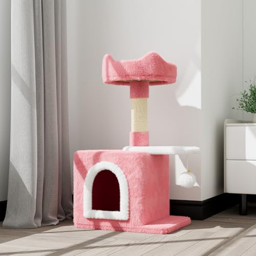 Dogat 70cm Cat Tree Tower with Scratching Posts, Plush Perch & Hanging Toy - Space Saving Cat Activity Centre for Kittens & Small Cats, Soft Fleece & Sisal (Pink)