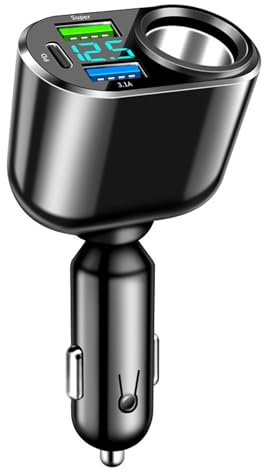 111W USB C Car Charger, Cigarette Lighter Adapter with Type C, 90W Fast Charging, 66W Super QC3.0, 30W PD Charger, and Built-in LED Voltmeter for Cars, Trucks – Black