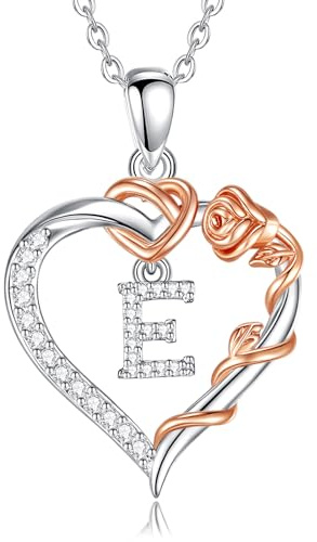 EUDORA Harmony Ball Collana con Iniziale a Forma di Cuore in Rame Placcato Rodio per Donna, Ciondolo a Forma di fiore in oro Rosa con Lettere Dell'alfabeto Dalla A alla Z Regalo di Gioielli, 18+2